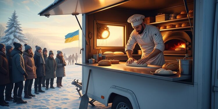 Un Boulanger Français Apporte du Réconfort en Ukraine Glaciale - Viral Mag Loïc Nervi boulanger bénévole cuit 700 pains par jour dans son camion près de Kiev pour soutenir les Ukrainiens face au froid et aux coupures délectricité causées par la guerre Une histoire de solidarité émouvante Viral Mag