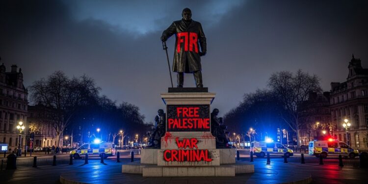 Vandalisme sur la Statue de Churchill à Londres : Un Acte Contesté - Viral Mag Un homme arrêté pour avoir tagué la statue de Winston Churchill à Londres avec des slogans pro Palestine et des accusations graves Retour sur les faits la réaction officielle et le contexte tendu autour de ce symbole historique Viral Mag