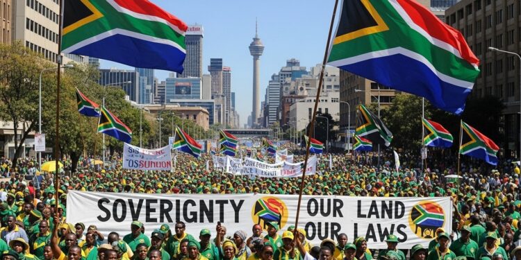 Afrique du Sud : Des Milliers Défendent Leur Souveraineté Face aux USA - Viral Mag Des milliers de Sud Africains ont manifesté à Johannesburg pour défendre la souveraineté nationale face aux pressions américaines sur la politique intérieure et les relations internationales Un cri uni pour lindépendance Viral Mag