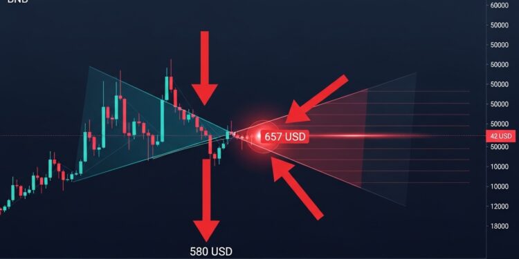 Le prix du BNB se comprime dans un coin ascendant baissier près de 657 $ Analyse technique détaillée niveaux clés et scénarios possibles pour les prochains jours sur le token de Binance   Viral Mag