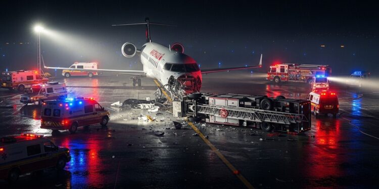 Collision Dramatique à LaGuardia : Aéroport Fermé - Viral Mag Dimanche soir un avion Air Canada a percuté un véhicule de secours à laéroport LaGuardia de New York causant blessés et fermeture totale Détails sur lincident et ses conséquences Viral Mag