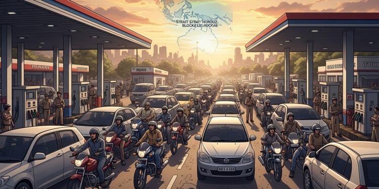 Files d’Attente aux Stations en Inde : Panique Malgré les Stocks Suffisants - Viral Mag En Inde les rumeurs de pénurie de carburants provoquent de longues files aux pompes malgré les assurances du gouvernement sur les réserves disponibles Impact de la guerre au Moyen Orient et du blocage du détroit dOrmuz Viral Mag