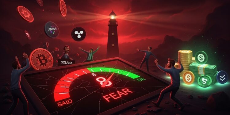 Le Crypto Fear  Greed Index plonge à 8 signalant une peur extrême Traders délaissent XRP Solana et DeFi au profit de cash et stables malgré une capitalisation stable à 236T$   Viral Mag