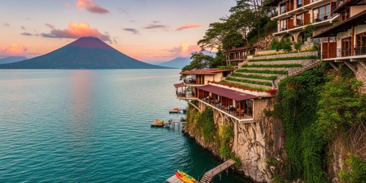 La Casa del Mundo : Joyau Suspendu au Lac Atitlán - Viral Mag Découvrez La Casa del Mundo hôtel magique accroché à la falaise du lac Atitlán au Guatemala Accès en bateau vues volcaniques époustouflantes détente absolue un séjour inoubliable pour voyageurs en quête dévasion romantique Viral Mag