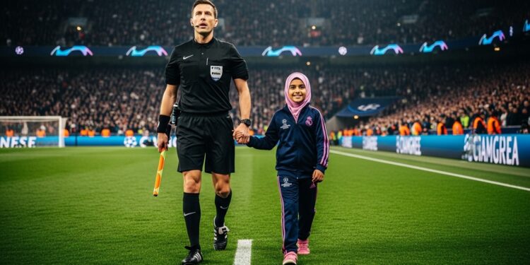 Découvrez le moment marquant où Clément Turpin entre sur le terrain avec une enfant portant le voile islamique lors de Manchester City Real Madrid en Ligue des champions et les débats sur inclusion et neutralité quil suscite   Viral Mag