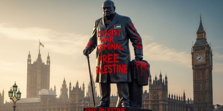 À Londres la statue de Winston Churchill sur Parliament Square a été taguée avec des slogans pro palestiniens accusateurs Un homme arrêté pour vandalisme aggravé Décryptage de cet acte symbolique   Viral Mag