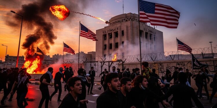 Manifestations Violentes Pro-Iran Contre Sites Américains - Viral Mag Mort du guide suprême iranien Ali Khamenei provoque colère massive assauts contre consulat US à Karachi 8 morts et ambassade à Bagdad Tensions explosives au Pakistan et en Irak Viral Mag