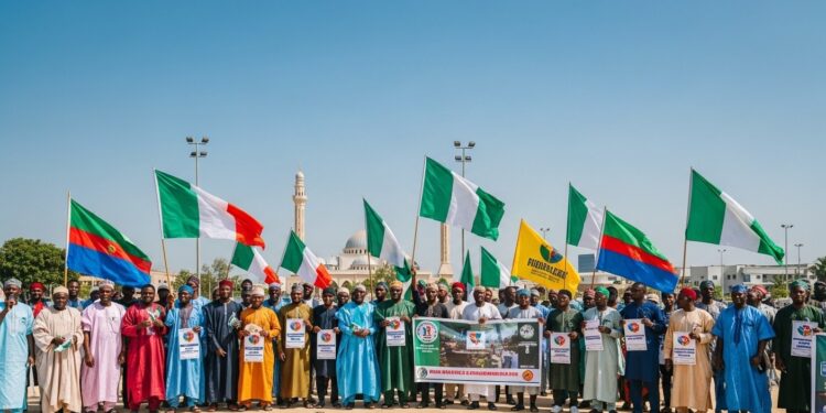 Des milliers de membres de lIMN au Nigeria ont défilé pour honorer le martyre dAli Khamenei tué par des frappes US Israël scandant contre lOccident dans le nord musulman   Viral Mag