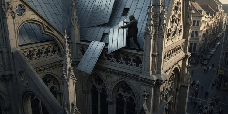 Découvrez le vol spectaculaire de zinc sur léglise Saint François Xavier à Anderlecht  un voleur encapuchonné agit en plein jour révélant labandon du patrimoine et les dangers publics   Viral Mag
