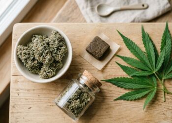 Fleurs de CBD et résine de CBD (hash) disposées sur un plan en bois