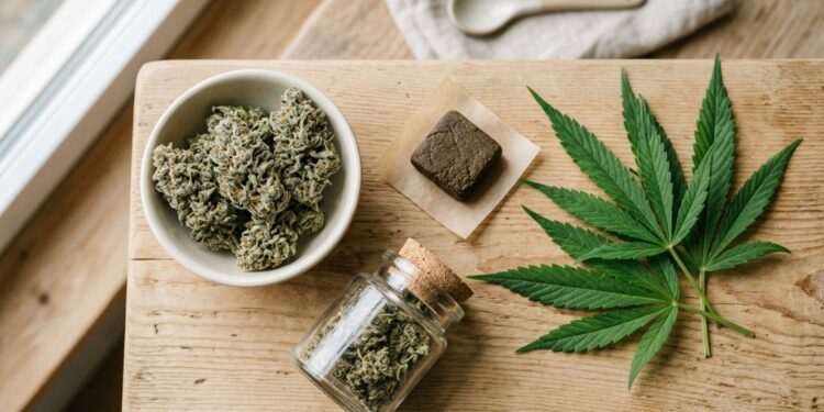 Fleurs de CBD et résine de CBD (hash) disposées sur un plan en bois
