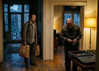 Un voyageur découvre le propriétaire de son logement Airbnb dans le salon, à côté de sa valise ouverte