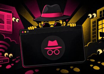 Petit personnage à chapeau et lunettes caché derrière une fenêtre de navigateur sombre, tandis que des yeux observent depuis un site web, une box et un bureau