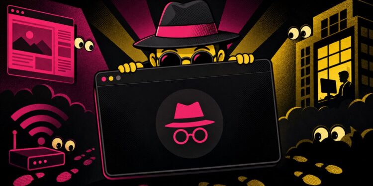 Petit personnage à chapeau et lunettes caché derrière une fenêtre de navigateur sombre, tandis que des yeux observent depuis un site web, une box et un bureau